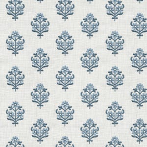 May include: A white fabric with a repeating pattern of blue floral designs. The floral designs are stylised and resemble a small tree with multiple branches and leaves.