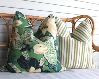 Lotus Pond Cushion cover, Koi Fish, Flamingo Road cushions, Duck Eucalyptus cushion cover, Made in Australia Green striped cushion covers