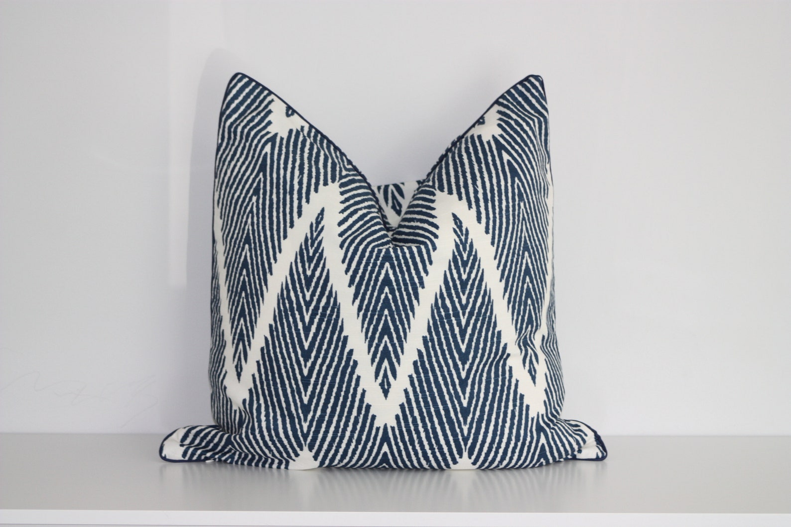 Navy and white chevron cushion covers with piping. Hamptons Etsy
