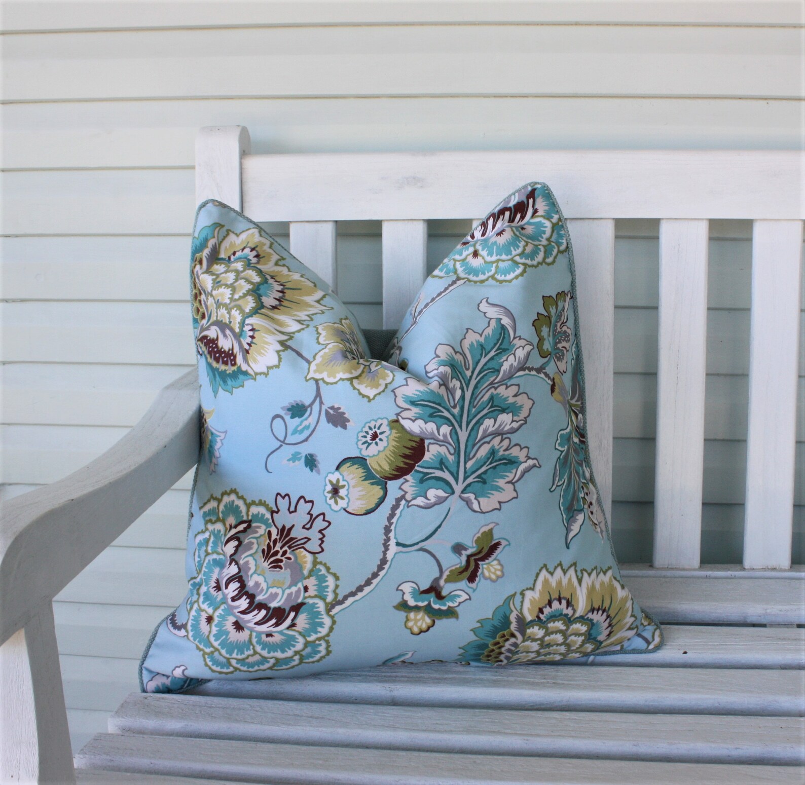 Stunning Duck egg cushion cover reversible satin Jacobean Etsy