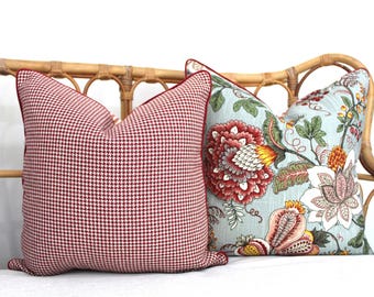 Houndstooth cherry red Cushion Covers, Reversible cushion covers, Cherry red ticking cushion cover. Made in Australia