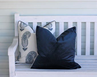 Navy velvet cushion cover Hamptons style luxury cushion cover with white piping Australian made