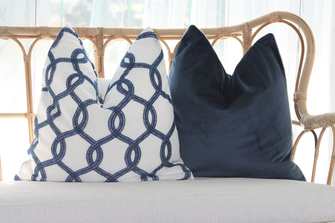 Beautiful Embroidered Navy White Cushion Covers Embroidered Etsy