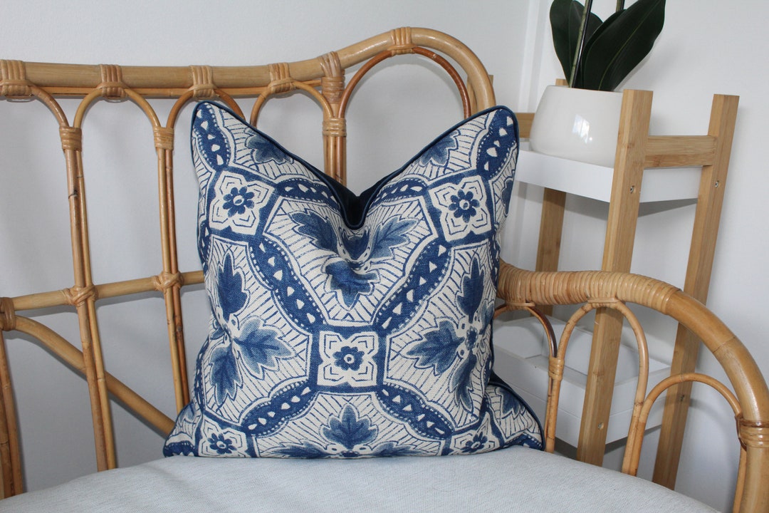 Anna Spiro Camona Cushion Cover in Blue, Linen Fabric, Hampton Style ...