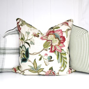 Floral Linen designer cushion cover, Red ticking stripe cushions, Hamptons Decor Decorative cushions, kravet cushions Australian made