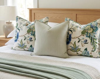 Sage Green Ticking Cushion Covers | Australian Made Hamptons Decor | Piped Green | Decorative Throw Pillow Cases | Stylish Home Accessories
