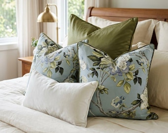 Funda de almohada de chambray floral, cojín ribeteado azul claro, tela Waverly, cojín decorativo, decoración para sala de estar, cremallera oculta