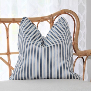 Summer Blue Ticking Striped Cushion covers, Made in Australia Laura & Kiran cushion covers. Denim stripe cushions, Top range Luxury cushion