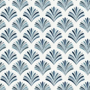 May include: A seamless pattern featuring a repeating design of stylized blue and teal fan shapes on a white background.