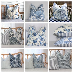 Hampton's style REVERSIBLE cushion covers Made in Australia, blue floral and ticking with piping covers.