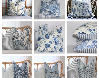 Hampton&#39;s style REVERSIBLE cushion covers Made in Australia, blue floral and ticking with piping covers.