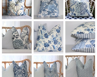 Hampton's style REVERSIBLE cushion covers Made in Australia, blue floral and ticking with piping covers.