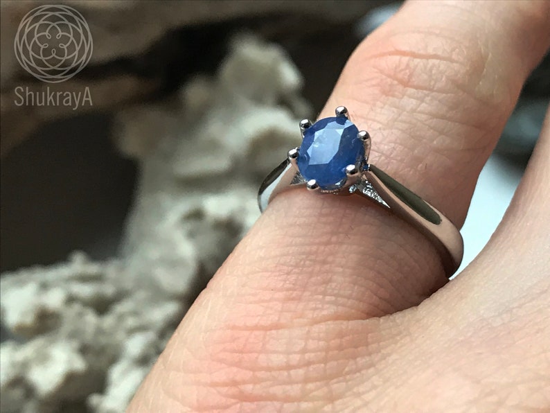 Natural Blue Sapphire silver ring blue engagement promise or birthstone ring with blue gemstone gift for women