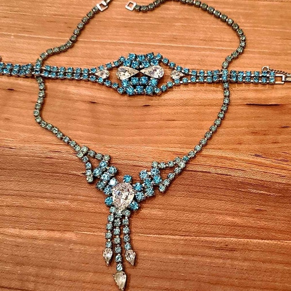 Beautiful Pale Blue, Aqua, and Clear Rhinestone Necklace and Bracelet Set