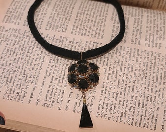Black Rhinestone and Gold-Tone Party Necklace, Velvet Choker Necklace