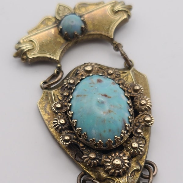 Large Karu Fifth Avenue Brass and Faux Turquoise Brooch