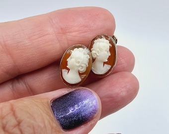 Classy Genuine Carved Cameo Screw Back Earrings, Van Dell Gold-Filled Cameo Earrings