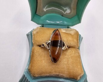 Vintage Banded Agate Navette Ring, 12K Gold Filled Sterling Silver, Size 8.5