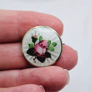 Vintage Sterling Silver and Guilloche Enamel Rose Bud Brooch from OPRO, Ole Petter Raasch Olsen, Norway, Round Pin with Pink Tea Rose Design