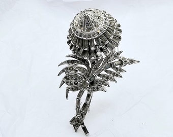Extremely RARE Signed R. DeRosa Thistle Flower Fur Clip, Very Large Multi-Dimensional Silver and Clear Rhinestone Designer Vintage Brooch