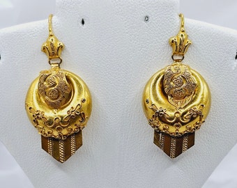 Stunning Victorian Etruscan Revival Earrings in 14K and 18K Yellow Gold, Vintage C. 1890 Pierced Earrings, Solid Gold Dangle Earrings