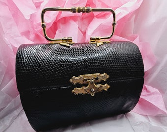 Darling Vintage Genuine Lizard Leather Box Handbag from Rosenfeld, Black and Gold Purse