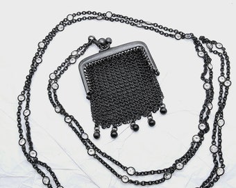 Vintage Mesh Coin Purse with Matching Extra Long 56" Chain, Clear Crystal Accents, Ren Faire Cosplay Accessory, Rosary Pouch, Chatelaine Bag