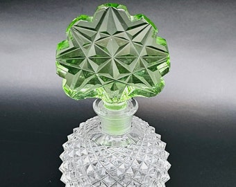 Beautiful Clear Czech Glass Perfume Bottle with Lovely Pale Green Stopper, Art Deco Scent Bottle