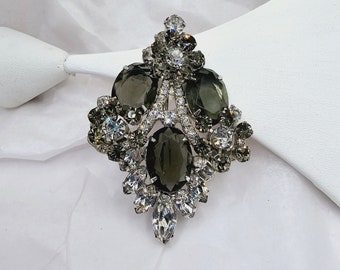 SUPERBE broche en strass gris fumé et transparent Juliana vérifiée, énorme épingle vintage, bijoux en strass argentés