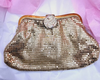 Nice Whiting and Davis Gold Mesh Evening Bag with Rhinestone Clasp, Vintage Evening Clutch Purse