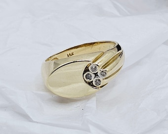 14K Yellow Gold and Genuine Diamond Signet Ring, Retro Vintage Chunky Statement Ring, Men&#39;s or Women&#39;s Gold and Diamond Wide Band Ring