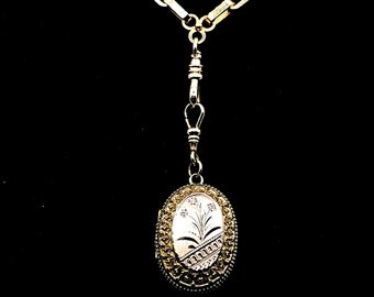 Antique Gold Filled Locket Pendant with Floral Forget Me Not Design,  Oval Locket Charm