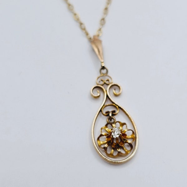 Dainty Diamond and 10K Yellow Gold Pendant Necklace, Victorian Lavalier, Flower Pendant