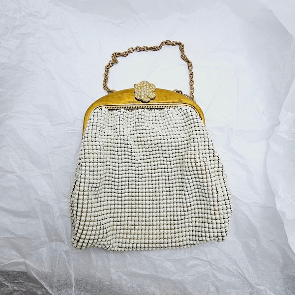 Small Early Whiting and Davis Evening Bag, Vintage Enameled Mesh Purse, Gold Enamel and Rhinestone Handbag, Made in USA