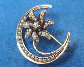 Exceptional Antique 14K Yellow Gold Crescent Moon Brooch with Genuine Diamond and Pearl Accents