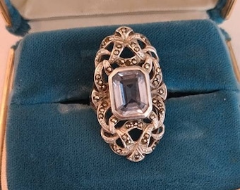 Huge Stunning Antique Blue Topaz, Marcasite, and Sterling Silver Statement Ring