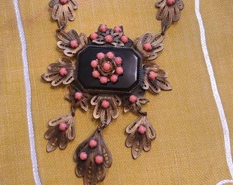 Exceptional Antique Coral, Onyx, and Brass Lavalier Necklace