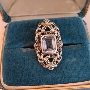 Huge Stunning Antique Blue Topaz, Marcasite, and Sterling Silver Statement Ring