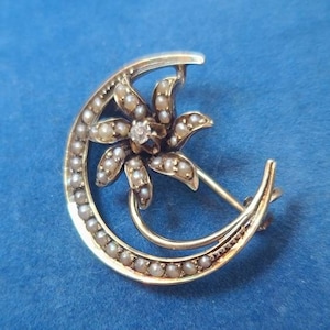 Exceptional Antique 14K Yellow Gold Crescent Moon Brooch with Genuine Diamond and Pearl Accents
