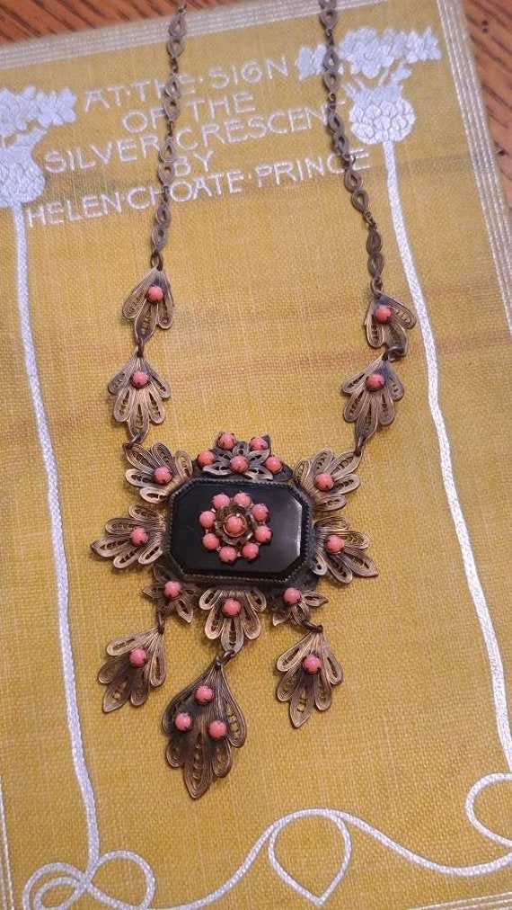 Exceptional Antique Coral, Onyx, and Brass Lavali… - image 1