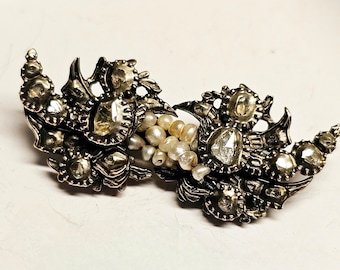 Antique 1700&#39;s Genuine Rose Cut Diamond, Seed Pearl, and Silver Brooch from the Georgian Period-Appraisal Included, Mourning Brooch