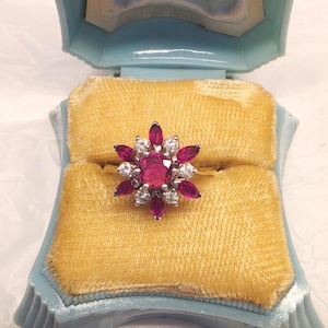 Vintage Genuine Ruby and Diamond Cluster Ring Set in Solid 14K Gold, Professional Appraisal Included