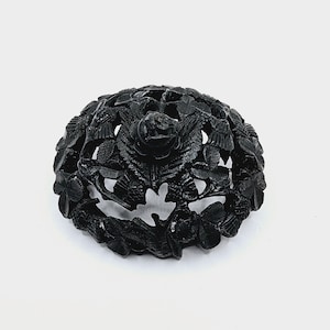 Exceptional Antique Victorian Bog Oak Mourning Brooch, Carved Black Irish Brooch with Shamrock, Thistle, and Irish Rose Design, 1870&#39;s Pin