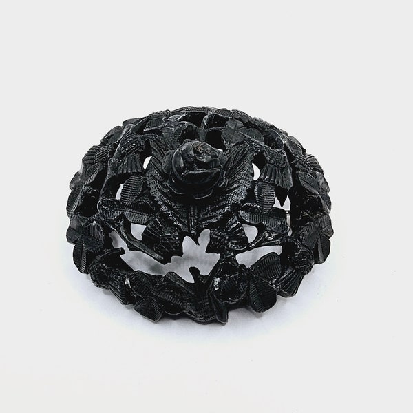 Exceptional Antique Victorian Bog Oak Mourning Brooch, Carved Black Irish Brooch with Shamrock, Thistle, and Irish Rose Design, 1870's Pin