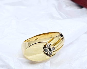 14K Yellow Gold Diamond Signet Ring, Retro Vintage Wide Band