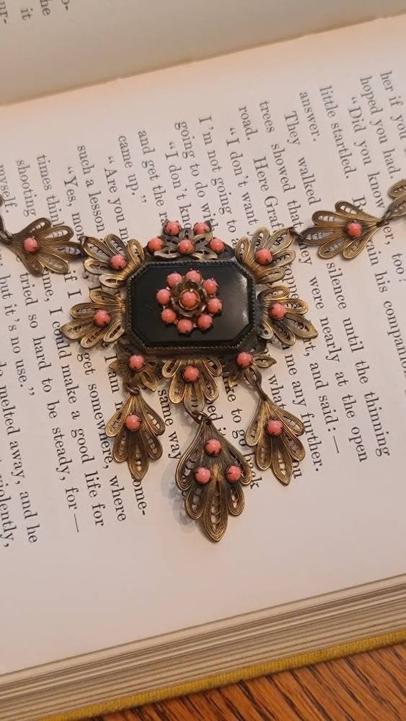 Exceptional Antique Coral, Onyx, and Brass Lavali… - image 3
