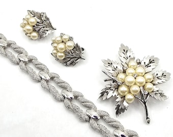 Vintage Trifari Jewelry Set: Silver-Tone Faux Pearl Bracelet, Brooch, Earrings