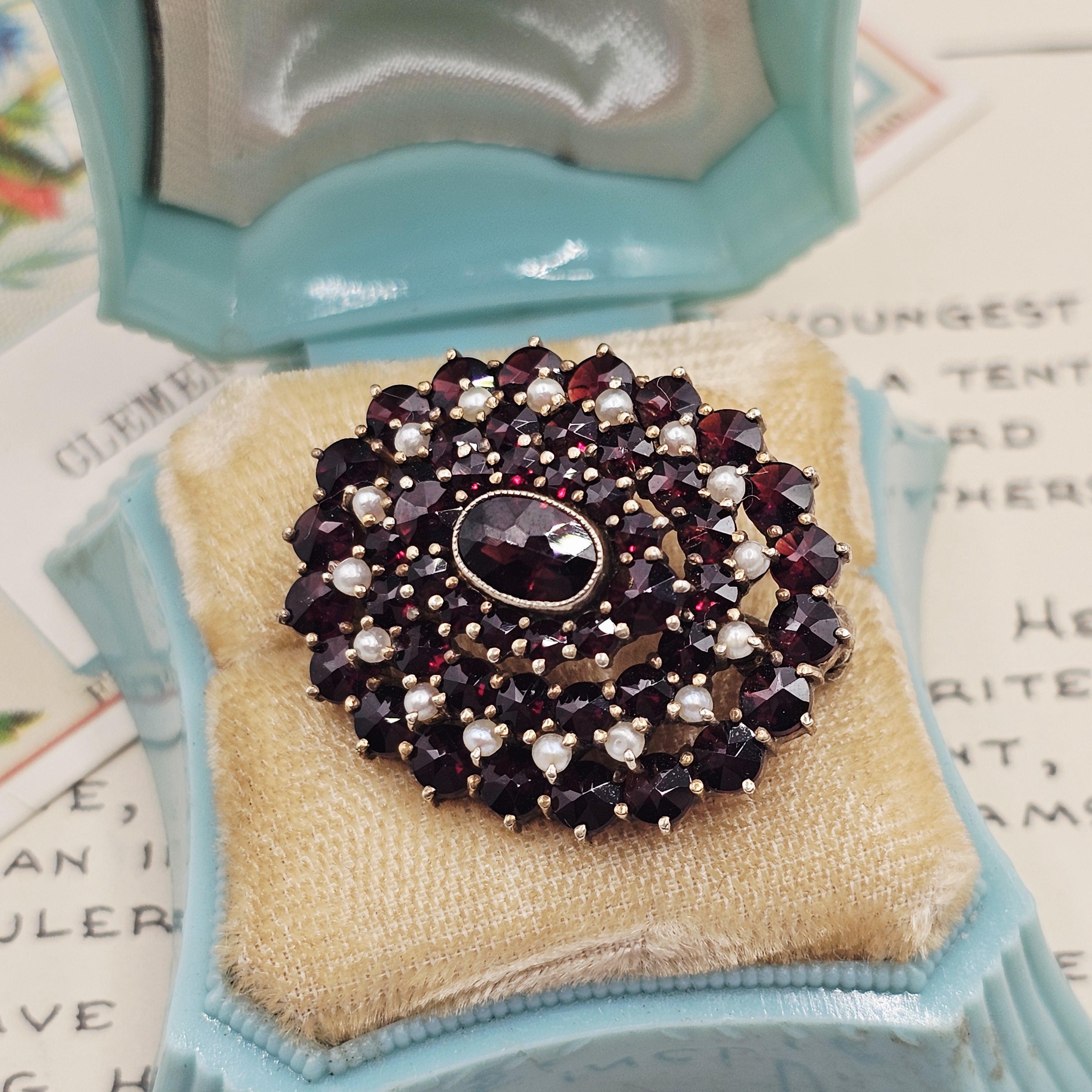 ボヘミアンガーネットシードパールブローチ、ヴィンテージ800シルバー