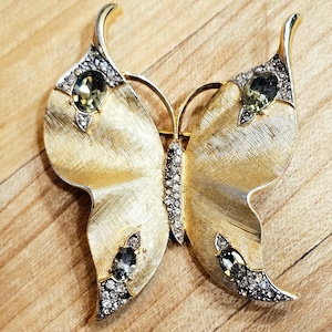 Vintage Trifari Butterfly Brooch, Brushed Gold Tone and Smokey Rhinestone Brooch, Vintage Jewelry