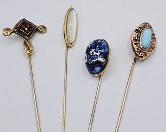 Lovely Wardrobe of Antique Stick Pins, Hat Pins, Lapel Pins; Turquoise, Mother of Pearl, Topaz, Blue, Silver